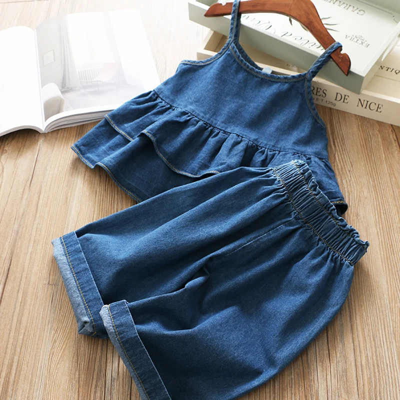 Humor Bear Summer Girls\' Clothing Sets Korean Denim Suspender Jacket Top+Wide Leg Pants 2Pcs Casual  Kids Clothes