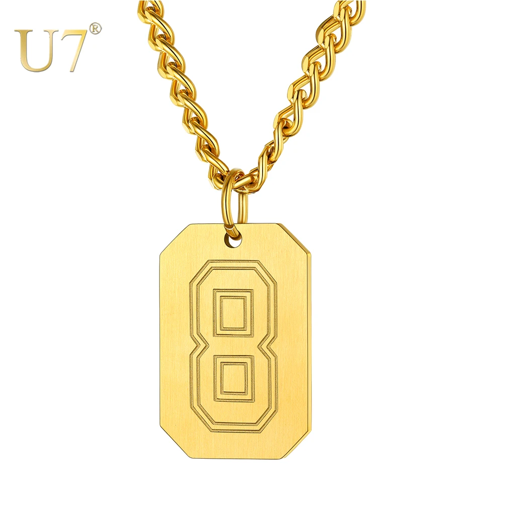 

U7 0-9 Number Tag Necklace Stainless Steel Gold Color Octagon Pendant for Men Sport Player Jewelry