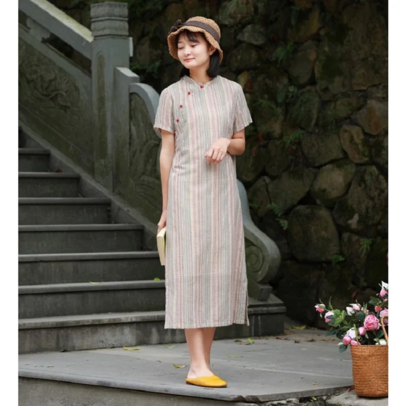 Cotton Linen Mandarin Collar Dress Retro Literary Printing Long Dress Cheongsam Female Summer Dress