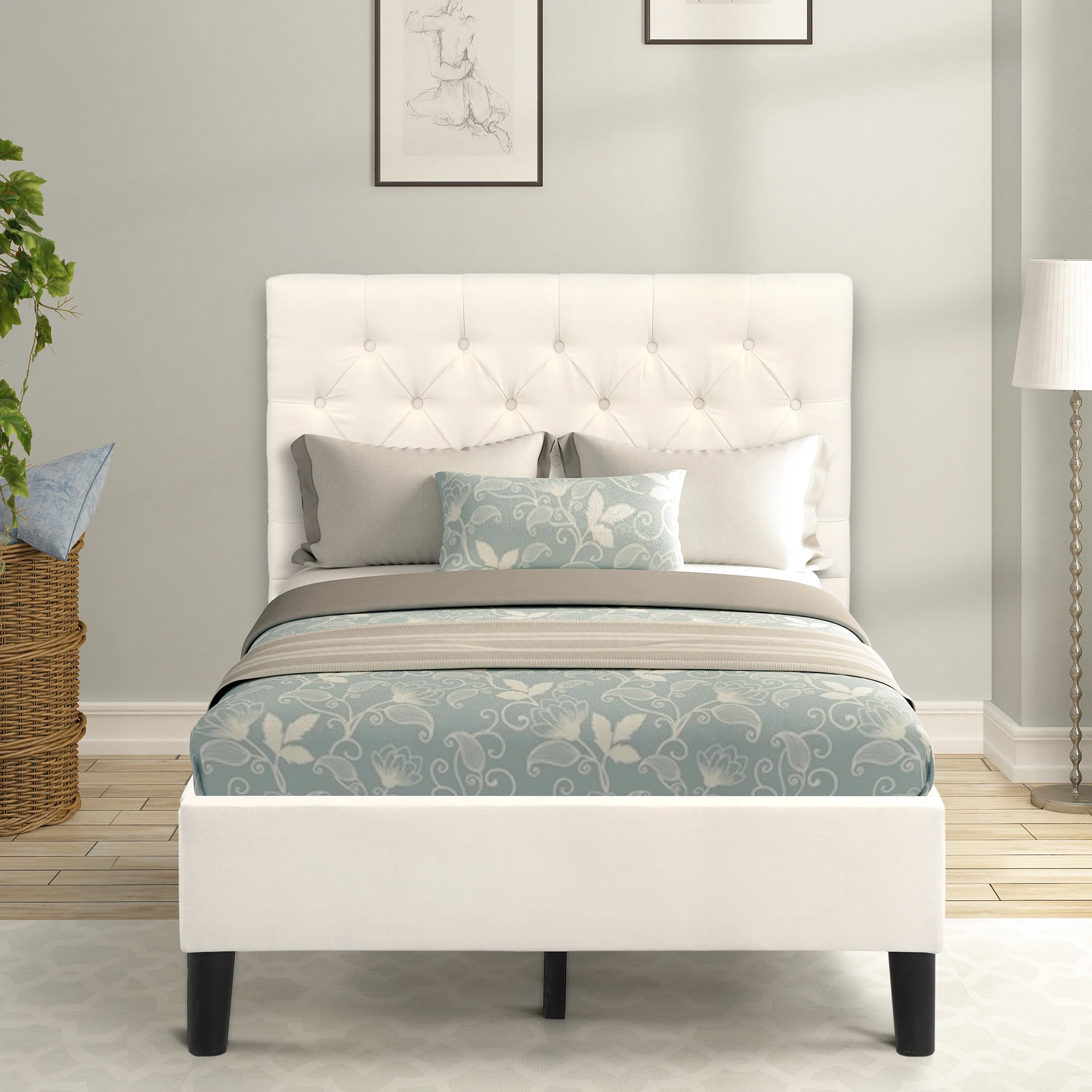 Upholstered Linen Platform Bed Twin Size Bedroom Furniture In Stock for Bedroom US Warehouse