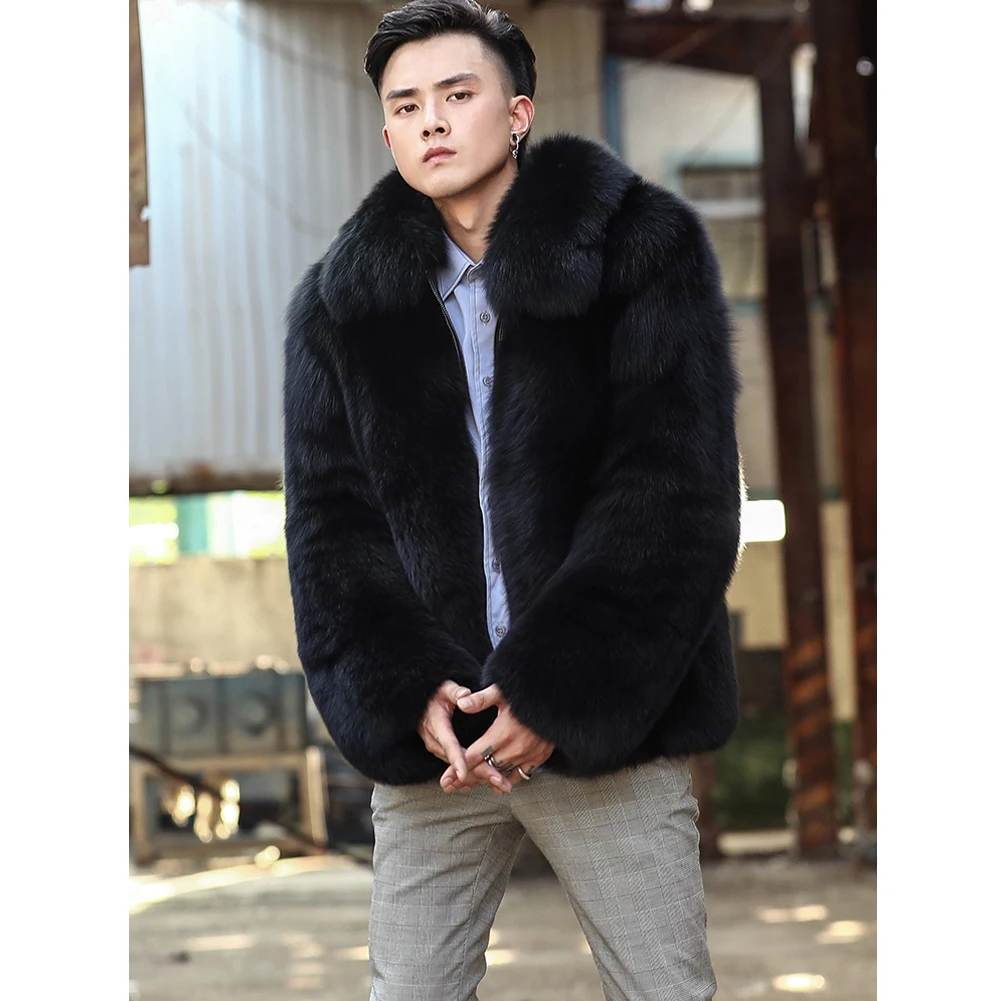 2019 New Real Mens Black Fox Fur Coat Fashion Short Leather Jacket Natural Slim Fur Jacket Mens Winter Coats