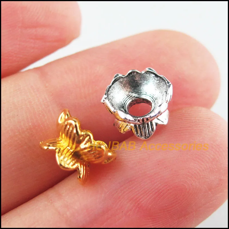 60Pcs Retro Tibetan Silver Tone Gold Color Lotus Flower Spacer End Beads Charms 8mm