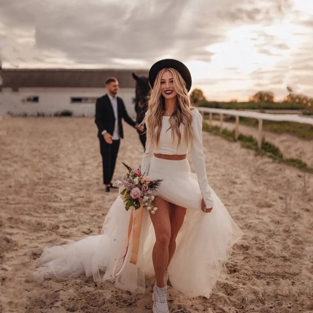 Vestidos de novia de dos piezas de estilo campestre, vestido de novia sencillo de tul de manga larga con cuello redondo, vestidos de novia de playa Vintage personalizados