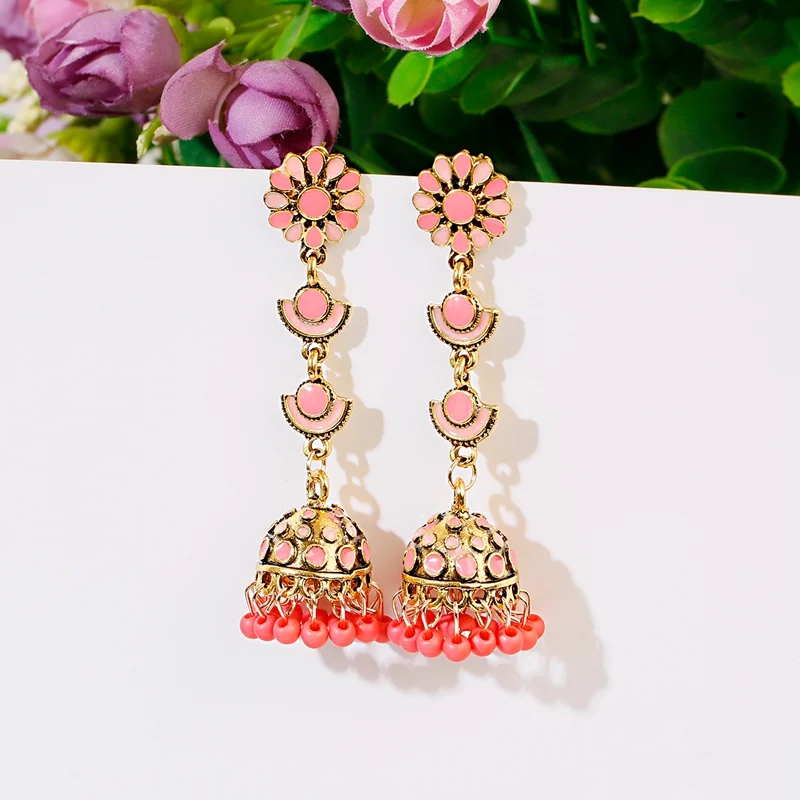 Ethnic Long Pink Flower Jhumka Earrings Gypsy Indian Earrings Women Ladies Round Bell Earrings Oorbellen