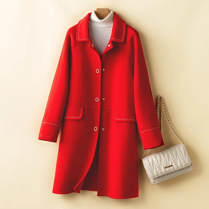 

Autumn Winter Korean Loose Mid-length Double Sided Wool Jackets Women Casual Overcoat Big Pocket Solid Color Wool Coat Female