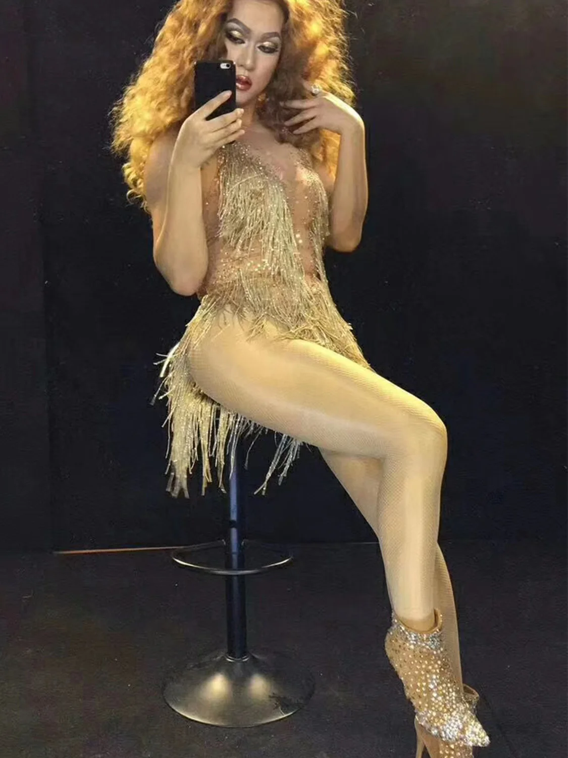 Wieczór panieński Bodycon sala balowa złote dżetów frędzle kobiety Backless seksowne body sceniczne występ w klubie nocnym kostium taneczny