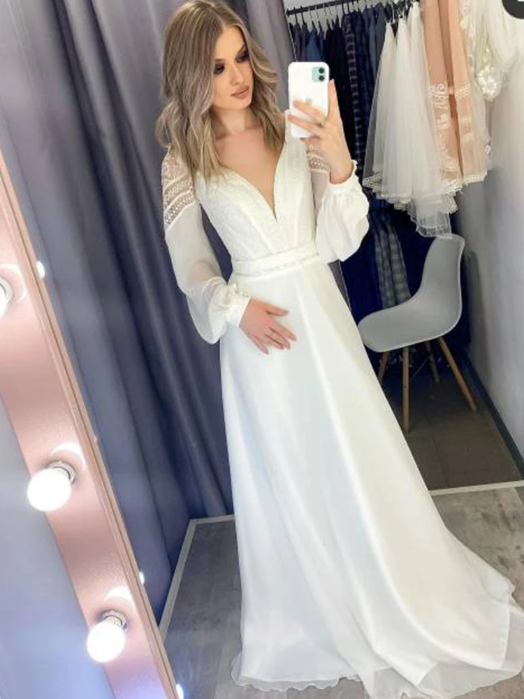 Vestido de casamento longo com decote em v, simples, de chiffon, design simples e elegante, para mulheres