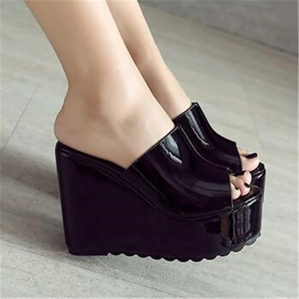 Summer Concise Leather Peep Toe Wedges Slippers Sandals Women Fashion 12 CM High Heels Female Platform Shoes Black White Apricot