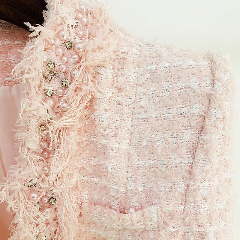 HarleyFashion Winter Women Pink Tweed Jacket Cardigan Tassel Beading Luxury Quality Sweet Thick Coat