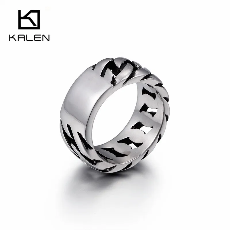 KALEN  Cuban Link Chain Ring Men Size 8-12 Stainless Steel High Polished 10mm Chain Link Finger Rings Cheap Biker Jewelry