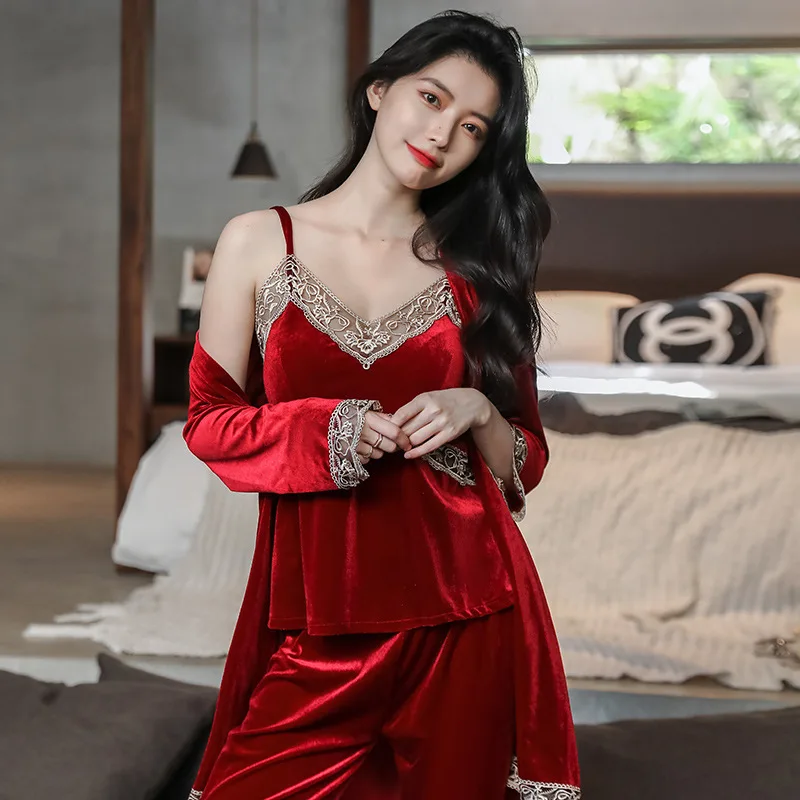 

Casual Lace Home Clothing Autumn New Sleepwear 3PCS Pajamas Suit WOMEN Velour Nightwear Intimate Lingerie Novelty Homewear