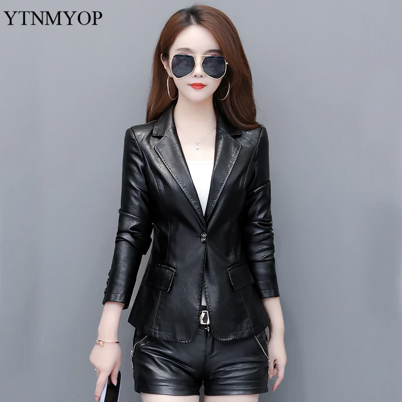 YTNMYOP Black Women Leather Jacket 2024 Spring Autumn Short Casual Blazer Leather Clothing S-5XL Work To Wear Coat