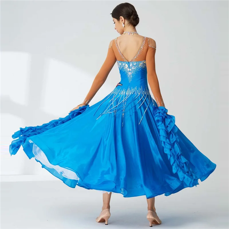 B-20114 Custom standard modern dance performance dress competition waltz ballroom dance custom pearl silk dress for sale