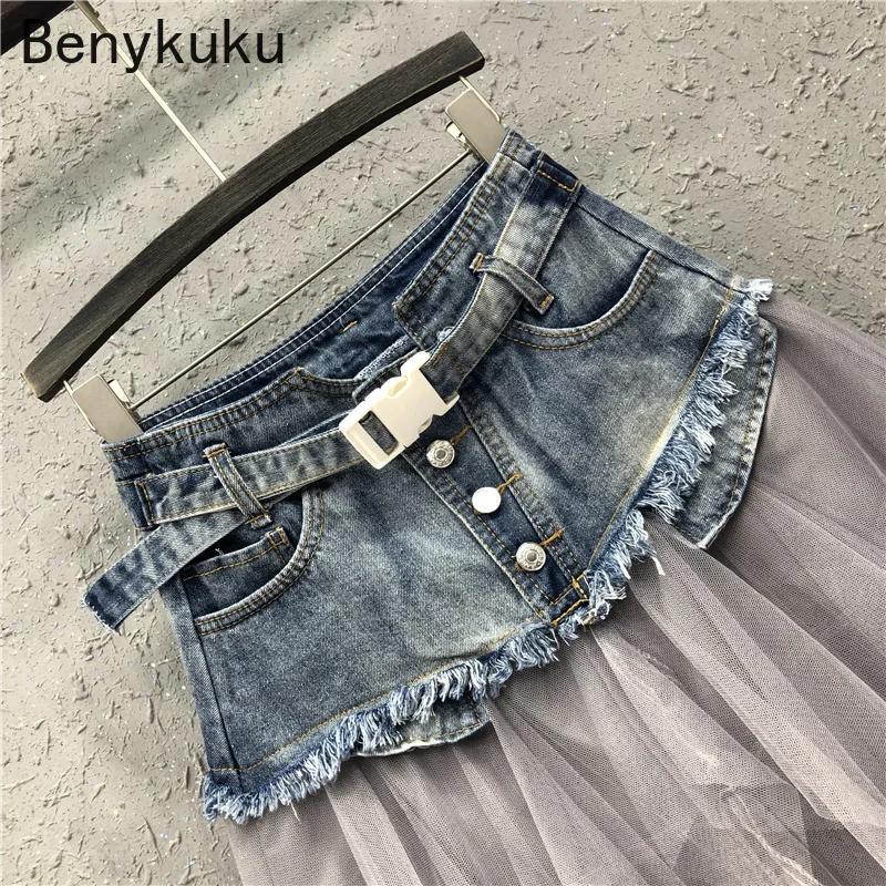 Punk Women Denim Jeans Mesh Patchwork Lace Skirt High Waist A Line Asymmetric Frill Tulle Pleated Midi Y2K Gothic Chic Skirts