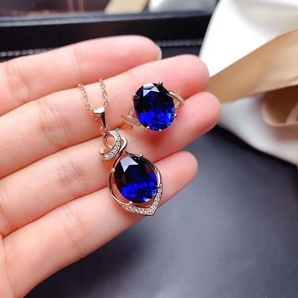 

Комплект ювелирных изделий из настоящего натурального сапфира Натуральный настоящий сапфир из стерлингового серебра 925 пробы 1 кулон, 1 кольцо