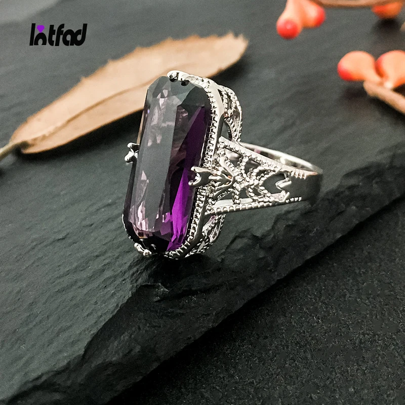 

925 Sterling Silver Rings 10*20mm Large Amethyst Ring Hollowed-out Design Fine Jewelry for Women Fashion Finger Ring