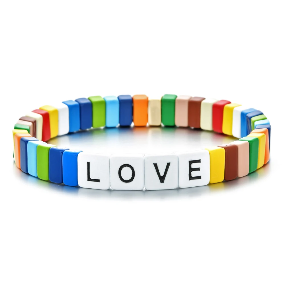 Enamel Stretch Tile Bracelets For Women Rainbow Bracelet With Letter Love Beads Bohemian Stackable Stretch Bracelets Femme