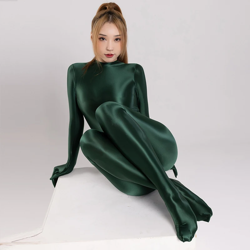 Glänzenden Glänzend Satin Sexy Zentai Frauen Langarm Finger Handschuhe Zipper Zurück Volle Länge einteiliges Body Seidige Strumpfhosen catsuit