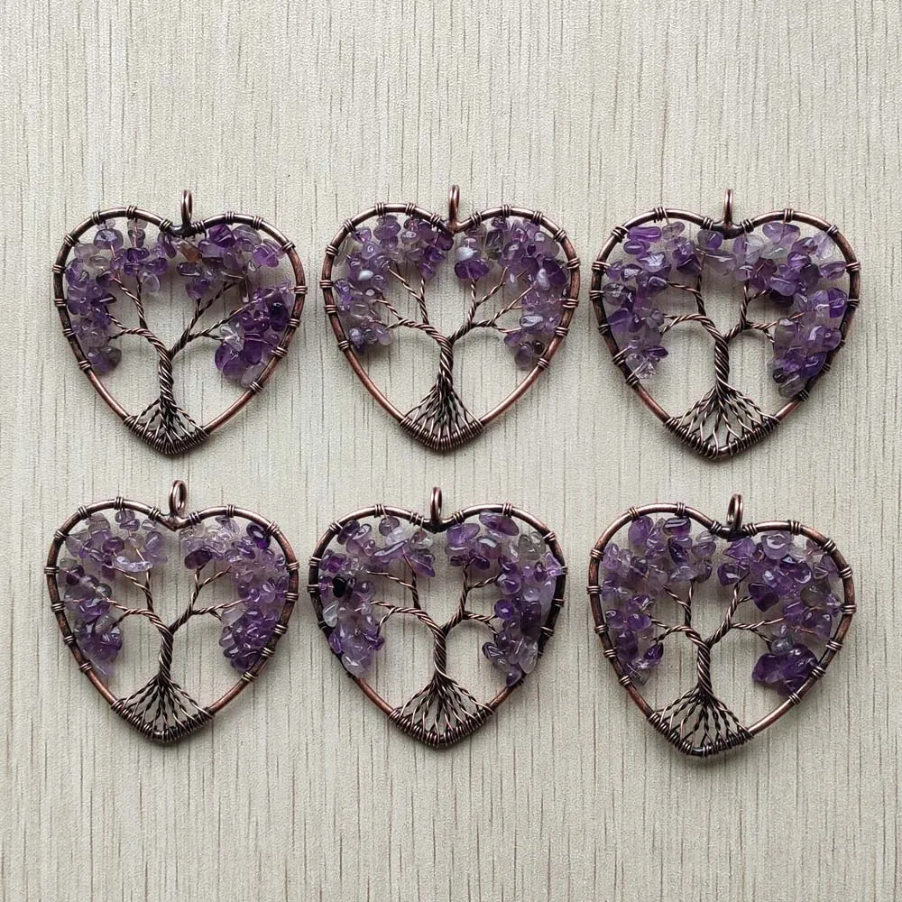 New natural amethysts stone ancient copper wire wrapped tree of life heart pendants for jewelry marking Wholesale 6pcs/lot