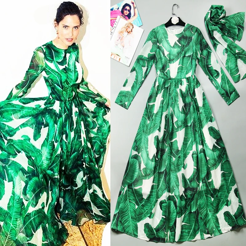 S-3XL High Quality Summer New Fashion Party Banana Leaves Exquisite Printing Elegant Long Dress Women Beach Vacation