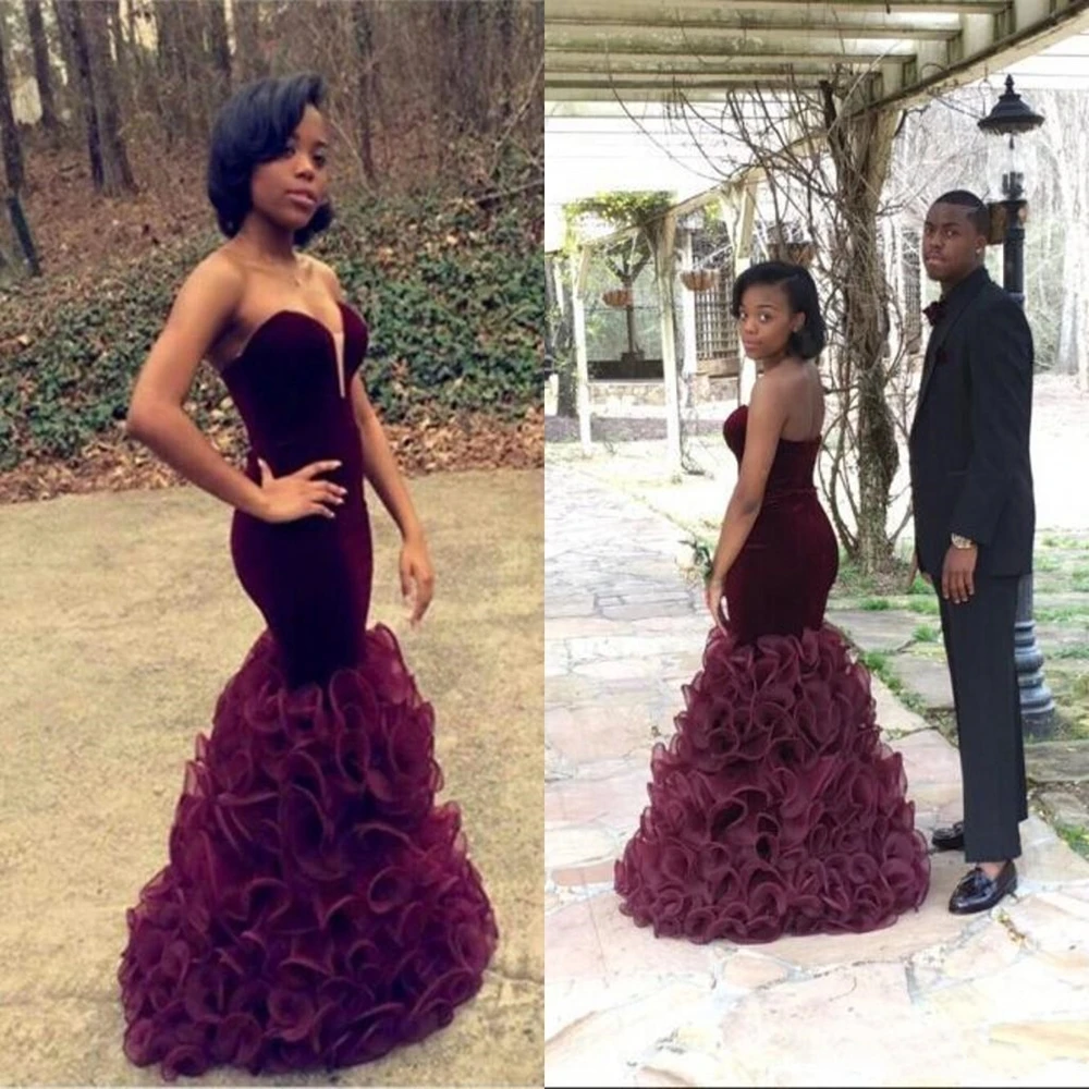 2020 Burgundy Mermaid Prom Dresses African Aso Ebi Valvet Sweetheart Ruffles Tiered Skirts Sexy Backless Long Evening Gowns