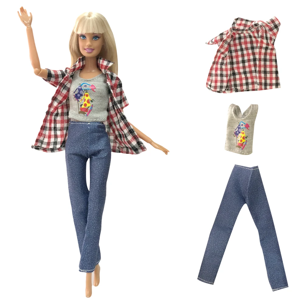 1 Set Clothes  For Barbie Doll  Casual Party Set: Popular Plaid Jacket + Sleeveless T-shirt + Jeans 1:6 Doll Accessories Toys