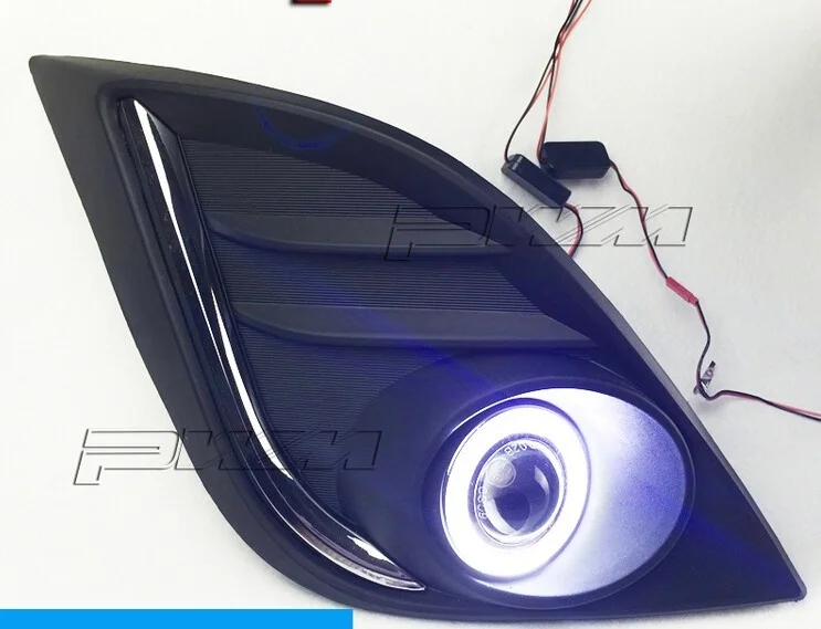 Eosuns Innovative Cob Angel Eye Led Daytime Running Light Drl + Halo Fog Lamp + Projector Lens for 2015 Mazda 3