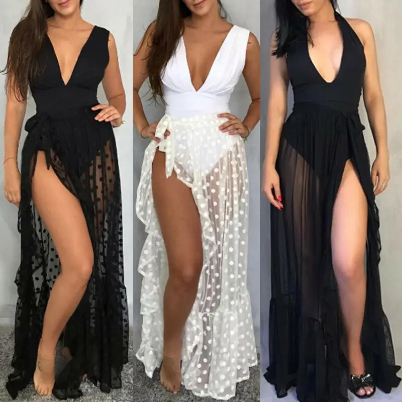 

Hot Sexy Split Summer Sheer Sarong Dot Black White Beach Dress Bikini Cover-up Monokini Hawaii Vacation Bikini Wrap Skirt hot