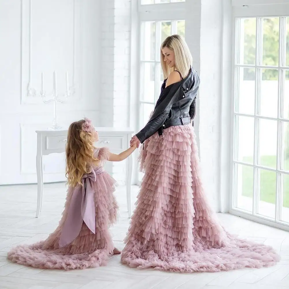 

Sweet A-Line Tiered Pleated Ruffled Mommy & Me Tulle Dress Women Kids High Low Puffy Long Tulle Skirt Dresses Mother & Daughter