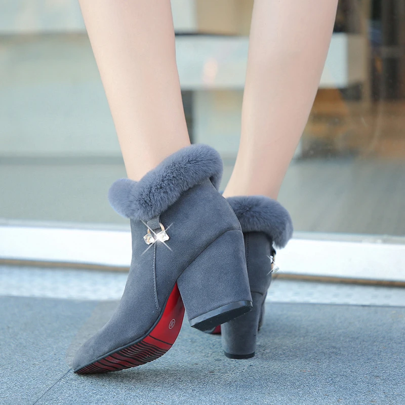 Fashion Boots Women Fur Winter Warm Pointed Ankle Boots Sexy Rhinestone Decoration Zipper Women Boots Comfortable Female Shoes