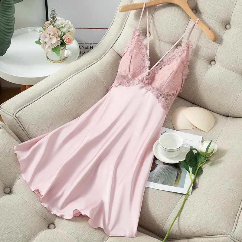 Summer New Spaghetti Strap Nightgown Women Satin Sleepwear Backless Sleep Dress Home Dressing Gown Sexy Intimate Lingerie