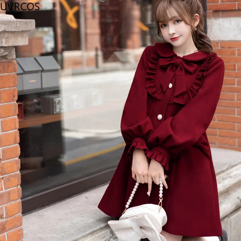 Winter Women\'s Woolen Coat Japanese Lolita Style Sweet Kawai Bow A-Line Loose Jackets Female Elegant Fall Korean Fashion Outwear