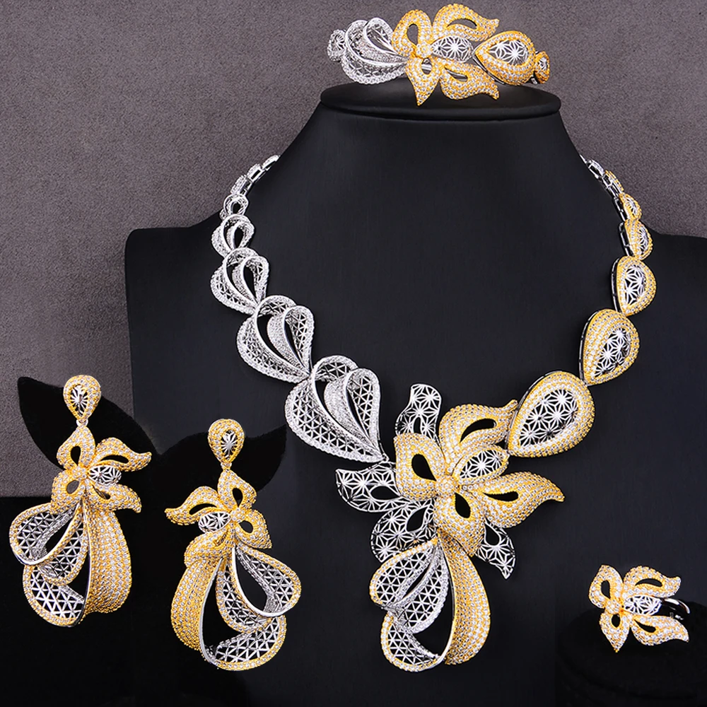 GODKI Luxury Trendy Flowers Nigerian Jewelry sets For Women Wedding Cubic Zircon CZ Dubai Gold Bridal Jewelry Set