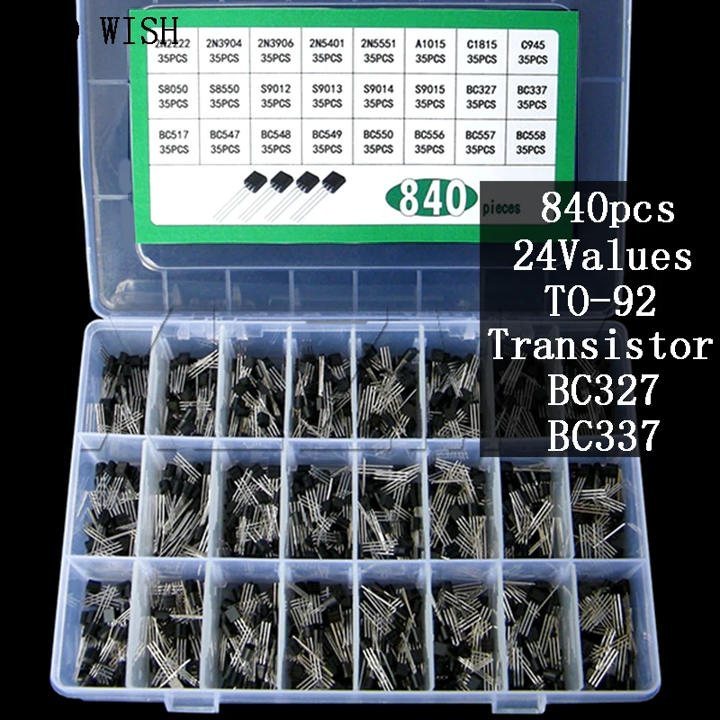 840pcs 24Values TO-92 Transistor Assortment Kit BC327 BC337 BC547 Transistor 2N2222 3904 3906 C945 PNP/NPN Transistors Pack