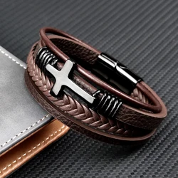 Charm Stainless Steel Leather Cross  Brown/black Bracelet Men Hiphop Jewelry Magnetic Clasp Mutilayer Male Cuff Wrap Bangle Gift