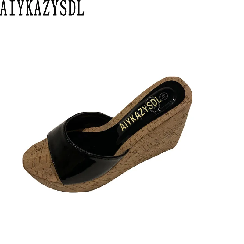 AIYKAZYSDL Women Peep Toe Pumps Wood Cork Heels Platform Shoes Wedge High Heel Slide Mule Outdoor Shoes Casual Summer Slippers