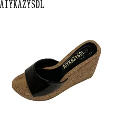 AIYKAZYSDL décolleté da donna con punta aperta scarpe con tacco in sughero in legno scarpe con zeppa zeppa tacco alto scivolo mulo scarpe da esterno pantofole estive Casual