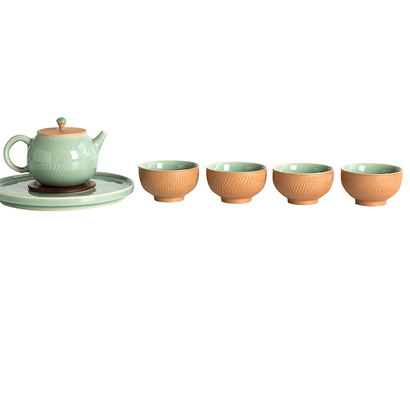 |Celadon hand jump cut kung fu tea set small suit household ceramic teapot tea cup high-grade office artifact