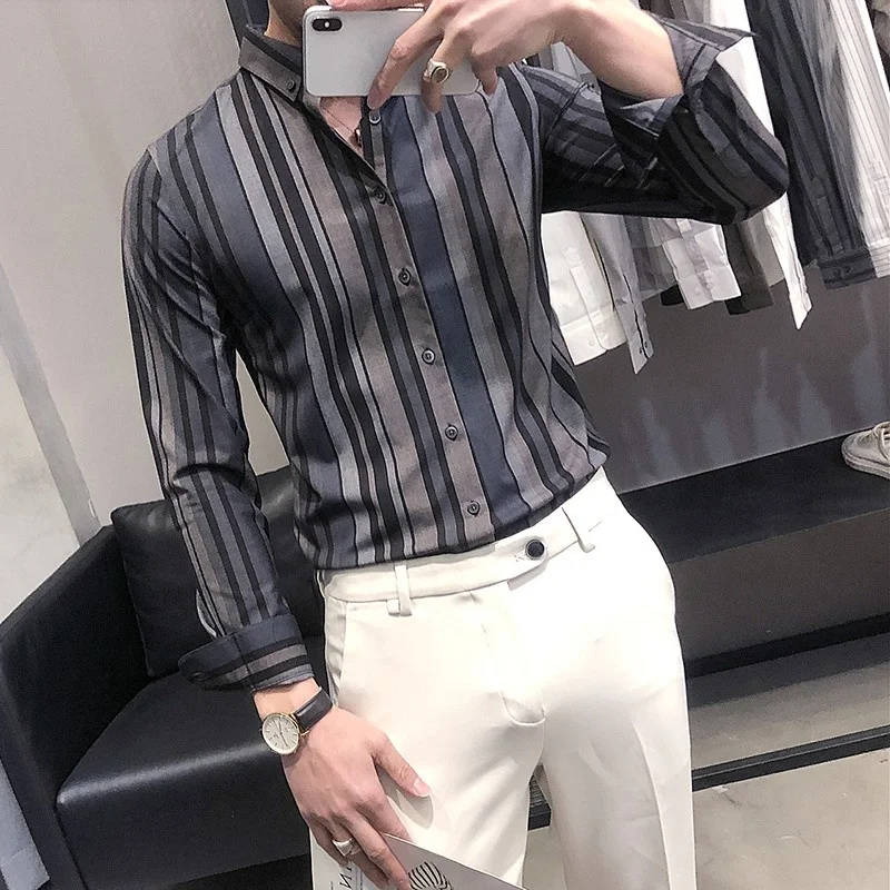 New Spring British Style Stripe Slim Casual Shirt Mens Long Sleeve Turn-Down Collar Single Breasted Korean Style Fashion Blouse