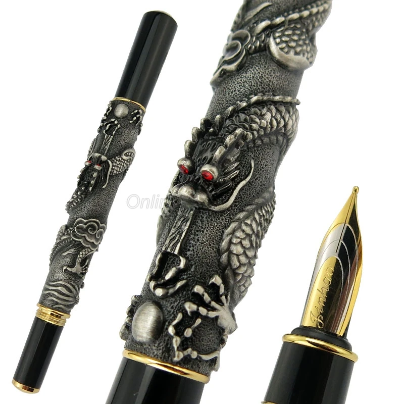 Jinhao Business Gray Fountain Pen, Rollerball Pen Oriental Dragon Series Heavy Pen Iridium Fine Nib Gray With Gift Box Set