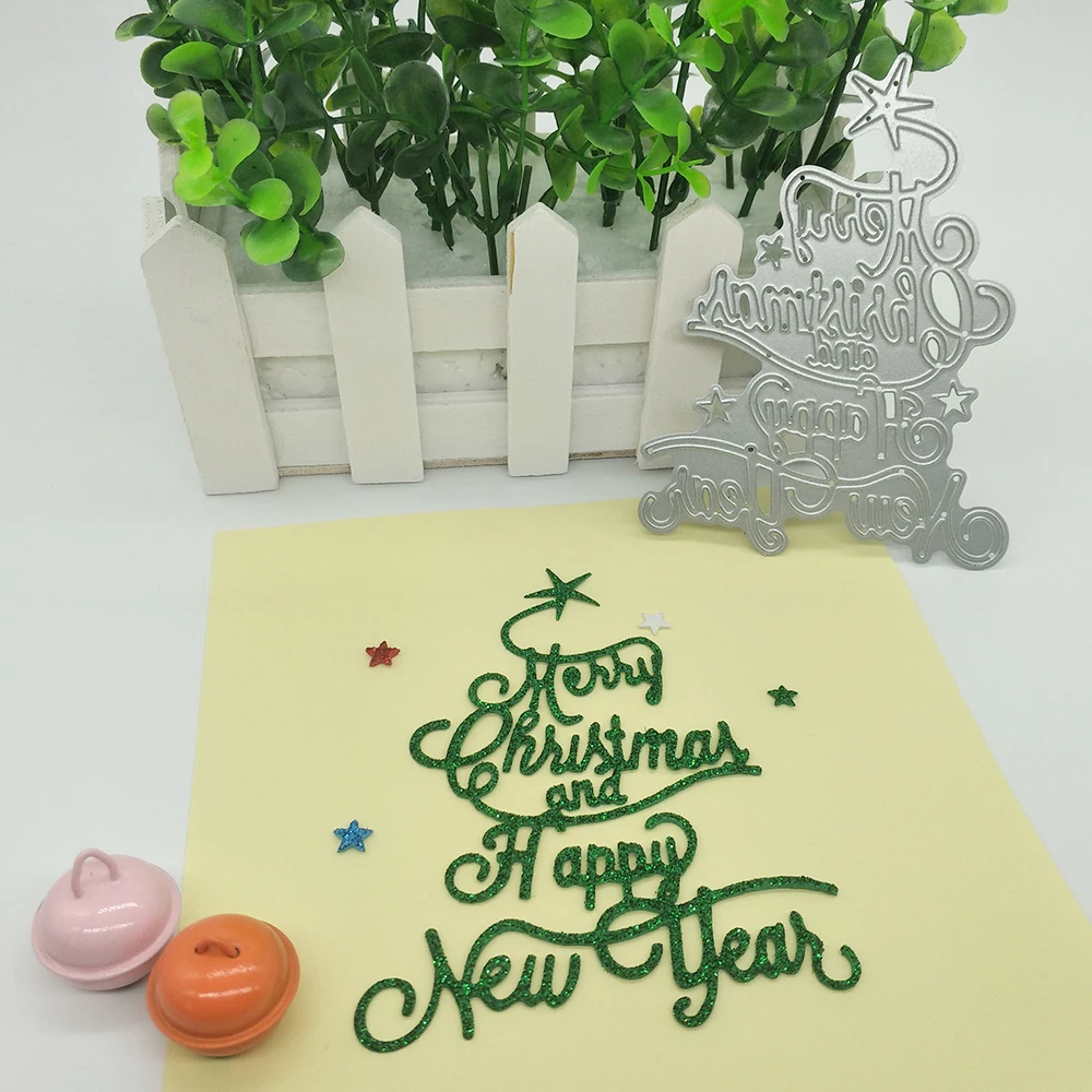 

Christmas tree shape Merry Christmas and Happy New Year cutting dies, scrapbook, photo album decoration DIY handmade art