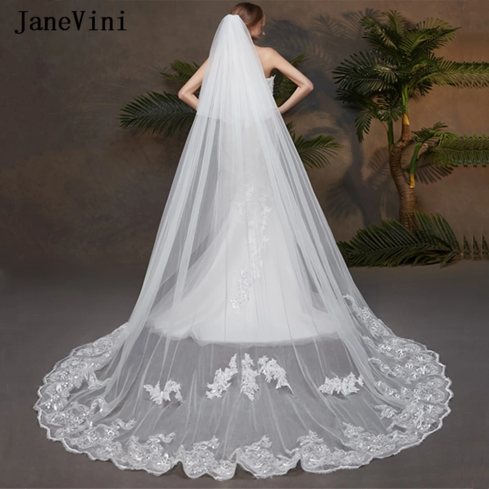 JaneVini Vintage White Cathedral Lace Wedding Veils with Comb Applique Edge Sequins Soft Tulle Long Bridal Veil Hair Accessories