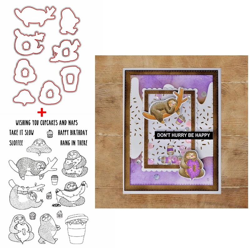 Animal Sloths Hang In Tree Cutting Dies Match Clear Stamps Cupcake Coffee Happy Birthday Words DIY Scrapbooking Craft Card 2020