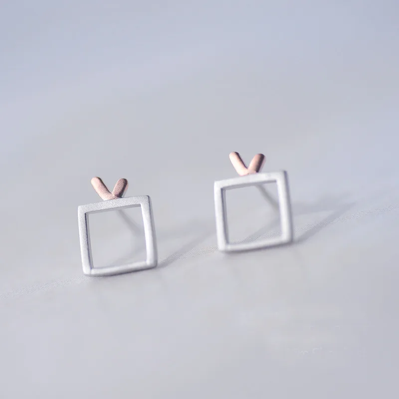 Real 925 Sterling Silver TV shape Stud Earrings for Women Girls Fashion sterling-silver-jewelry brincos brinco