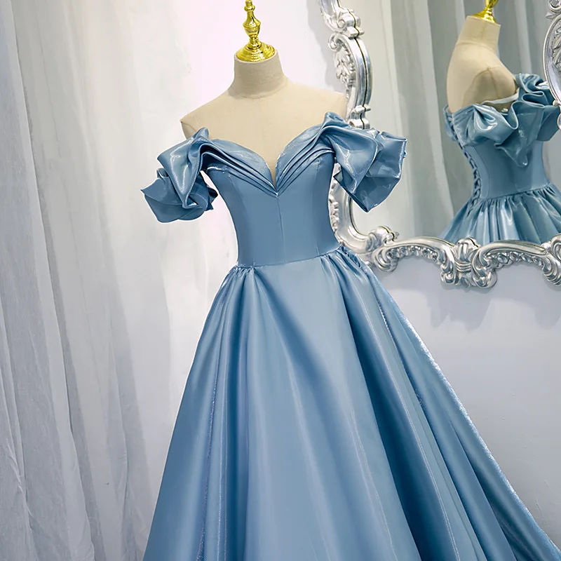 Blue French Style Formal Prom Dresses Strapless Sleeveless Bow Ruched Slim Party Gowns A-Line  Floor-Length Graceful Dresses