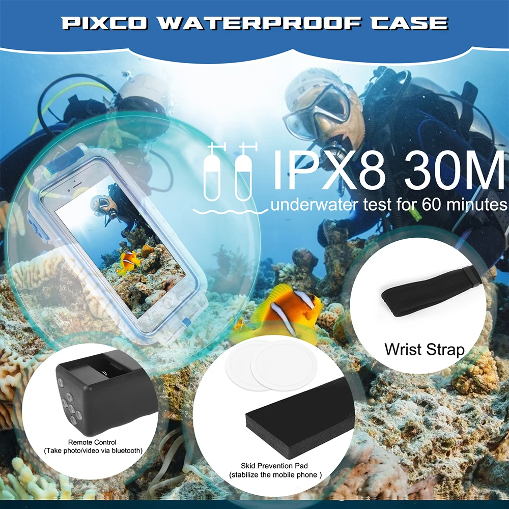 Pixco บลูทูธ30M ใต้น้ำกันน้ำสมาร์ทโฟนรุ่นอัพเกรดสำหรับ iPhone 13 12 11X8 7 Plus Pro max