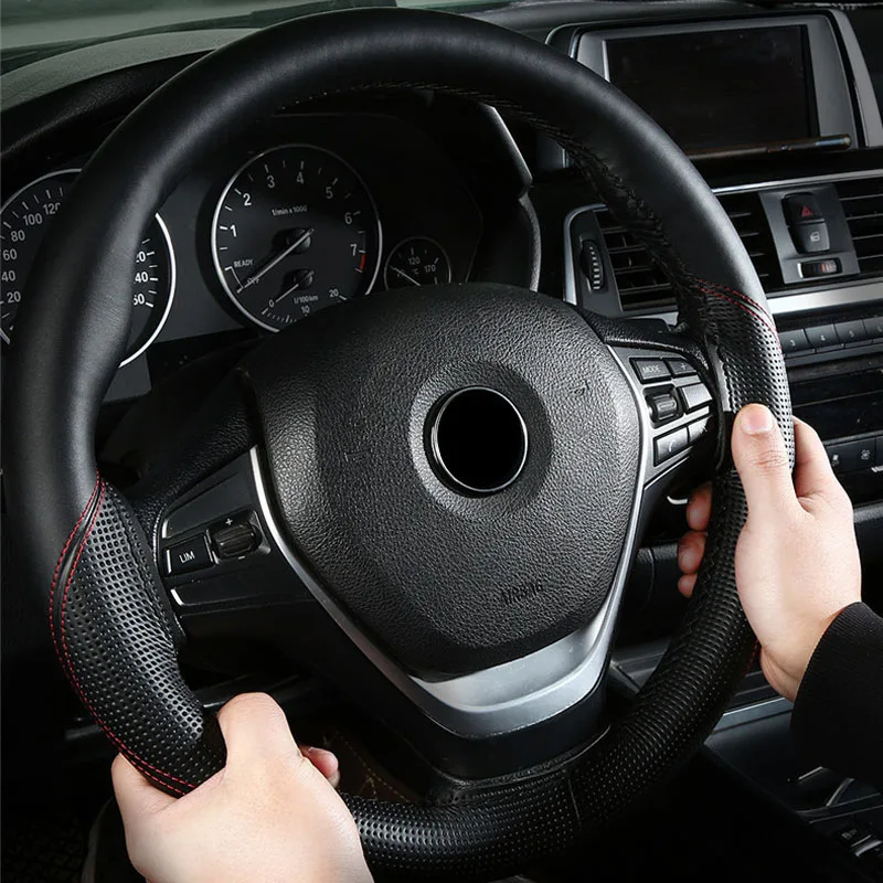 38cm Genuine Leather Car Steering Wheel Cover Four Seasons Non-Slip Steering Case Wheel Braid Cover Interior Accessories