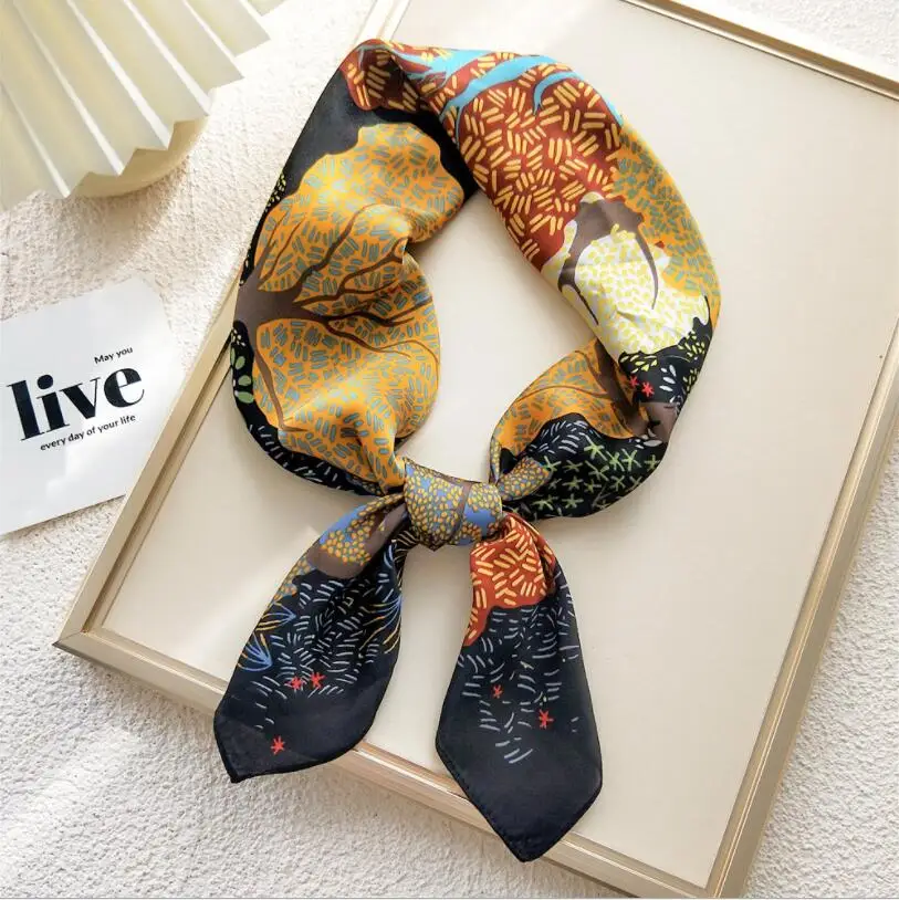 

70x70cm Women Multifunction Polyester Silk Scarf Fashion Trees Printed Casual Satin Small Square Wraps Scarves Shawl 2021 New