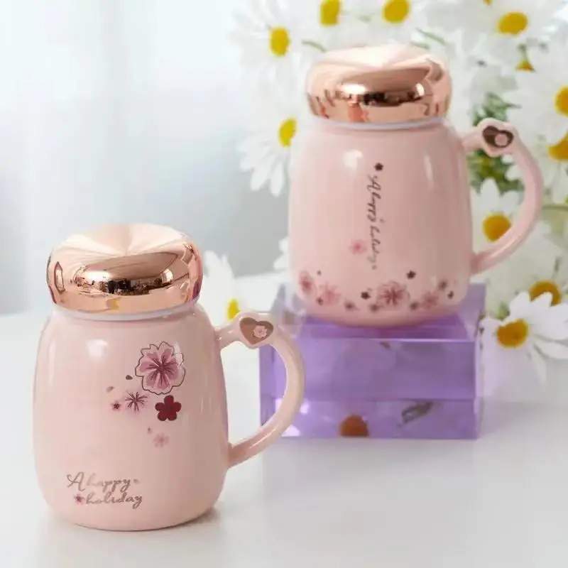 Sweet Pink Ceramic Mug With Mirror Cover For Coffee Girls Fresh Lovely Mugs With Sealed Lid Office Flower Tea Cup