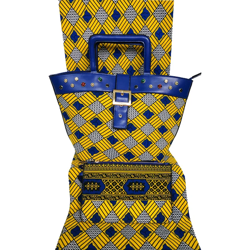 Best Selling Nigerian Wax bag And Cotton Fabric Set High Quality Woman Handbag With 6 Yards Wax Fabric To Match Set On Stock